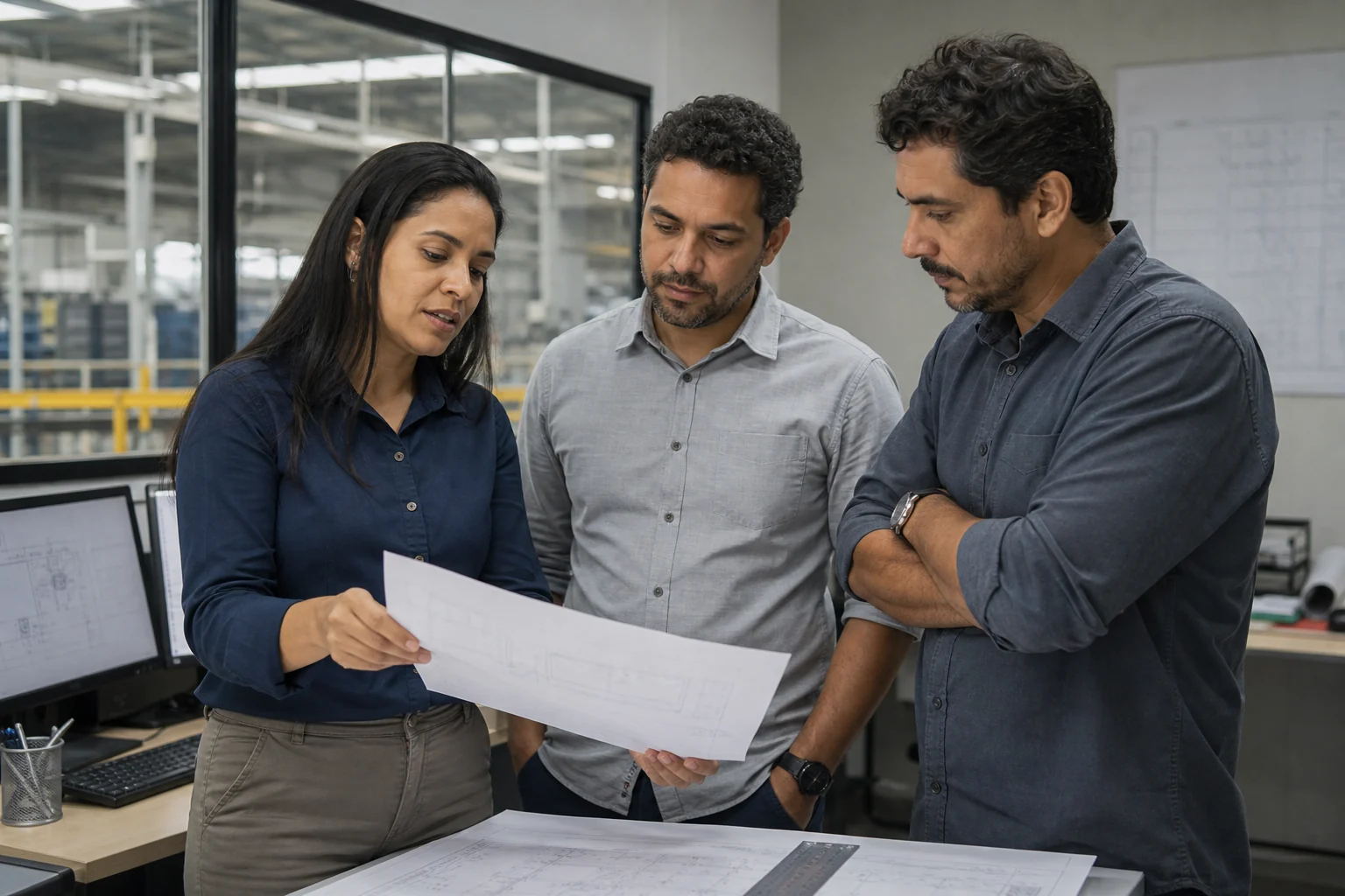 Especialistas de engenharia discutindo uma solução técnica