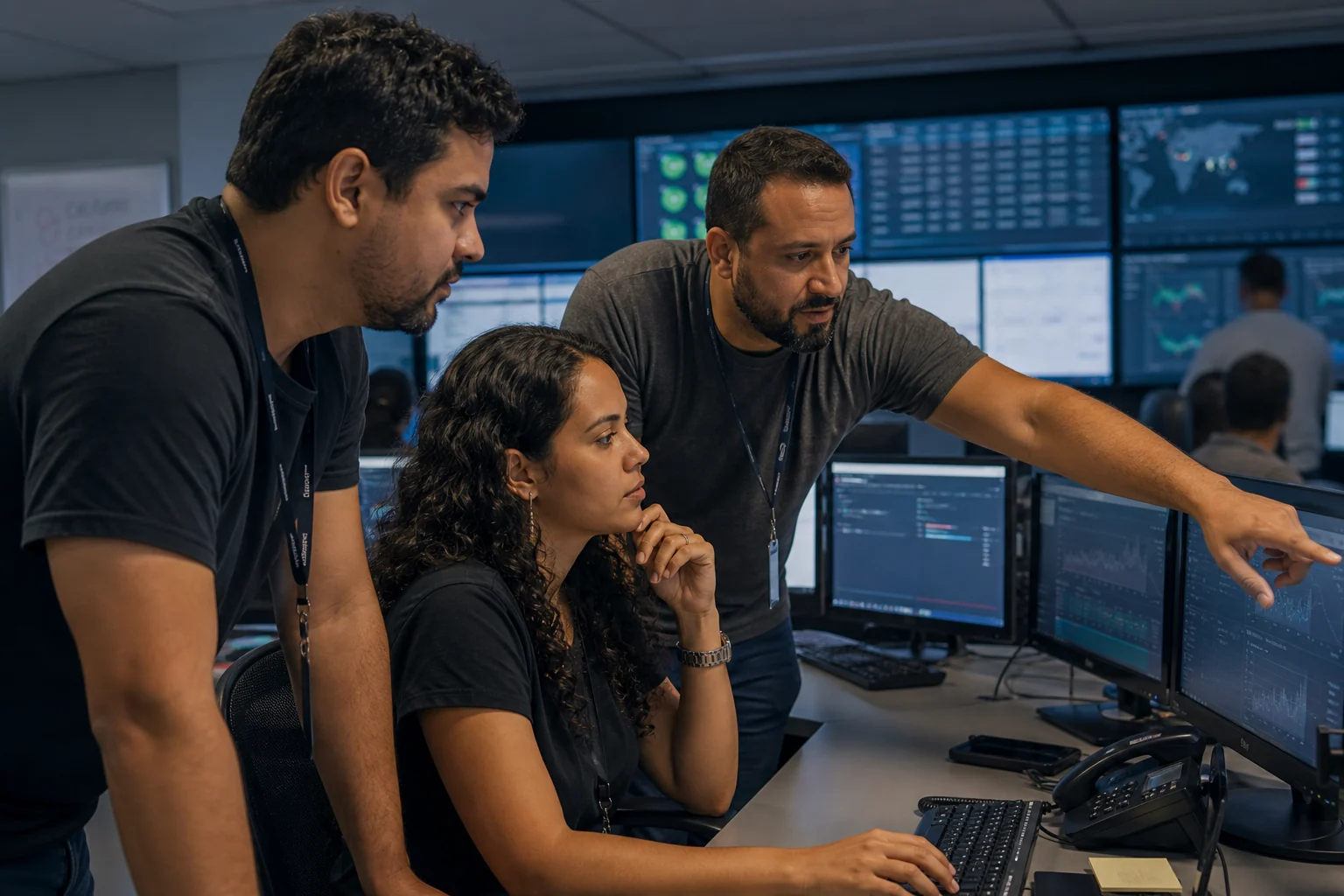 Equipe técnica trabalhando em um centro integrado de operações