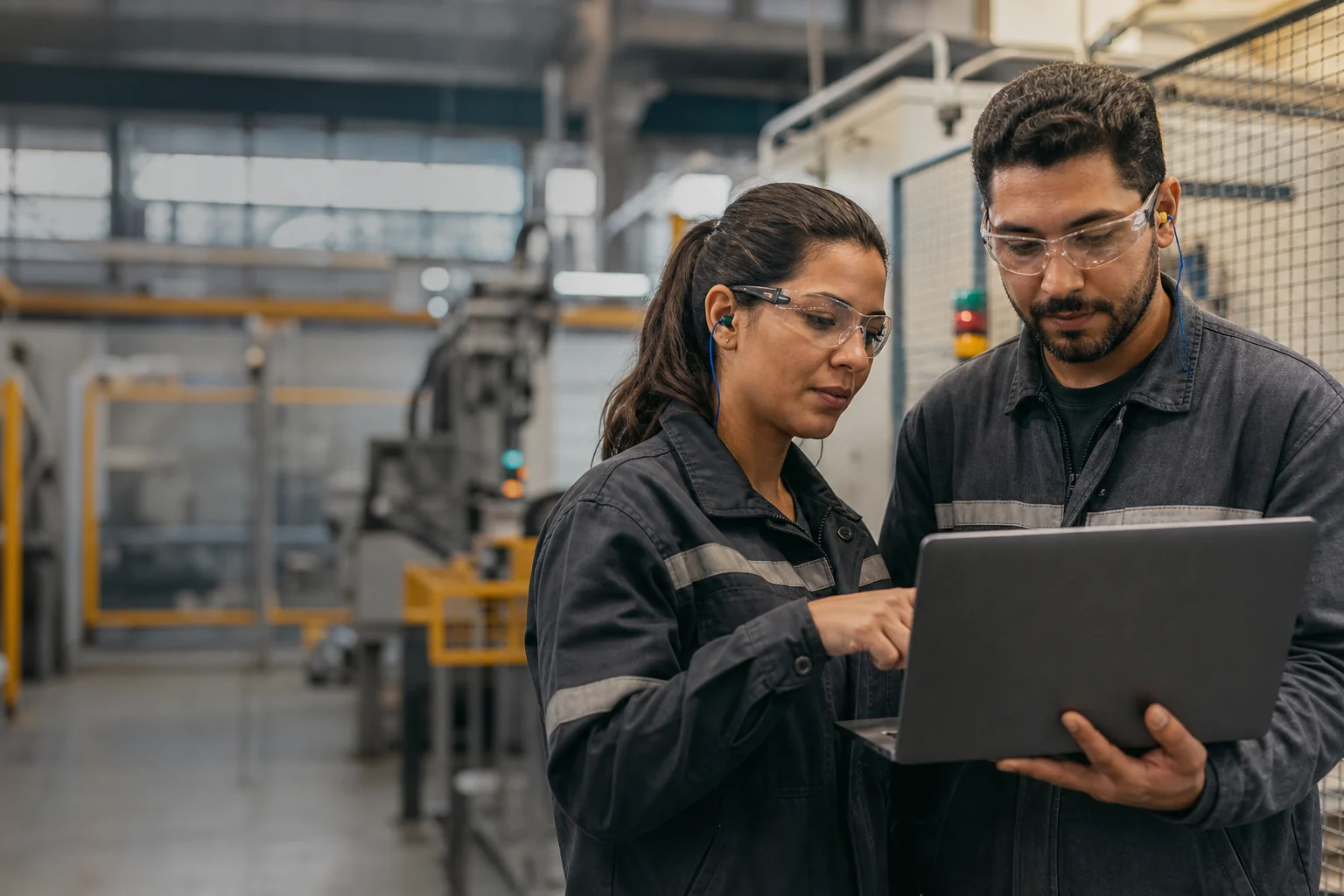 Profissionais de engenharia analisando uma operação industrial automatizada