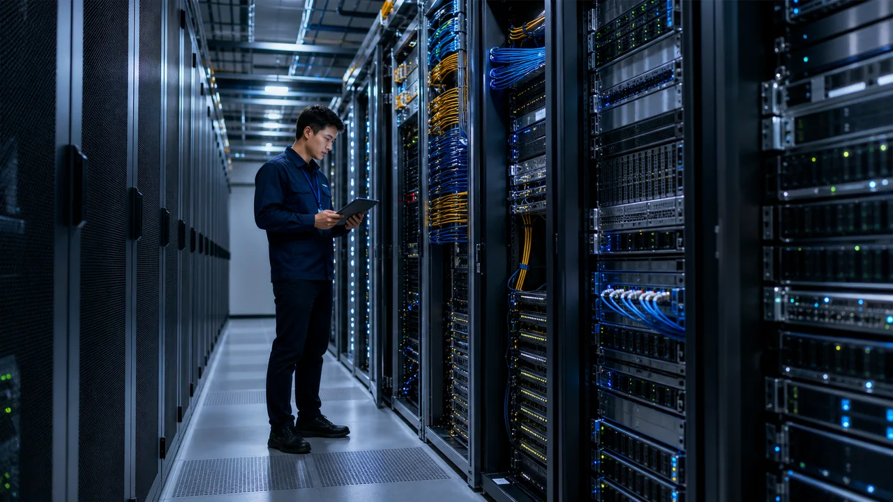 Especialista inspeciona servidores, storage e equipamentos de rede em um Data Center