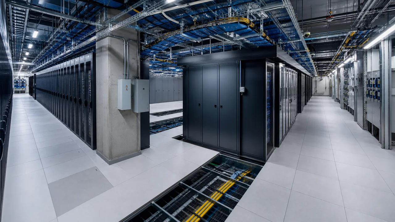 Data Center organizado com pisos elevados, racks e caminhos técnicos de cabeamento