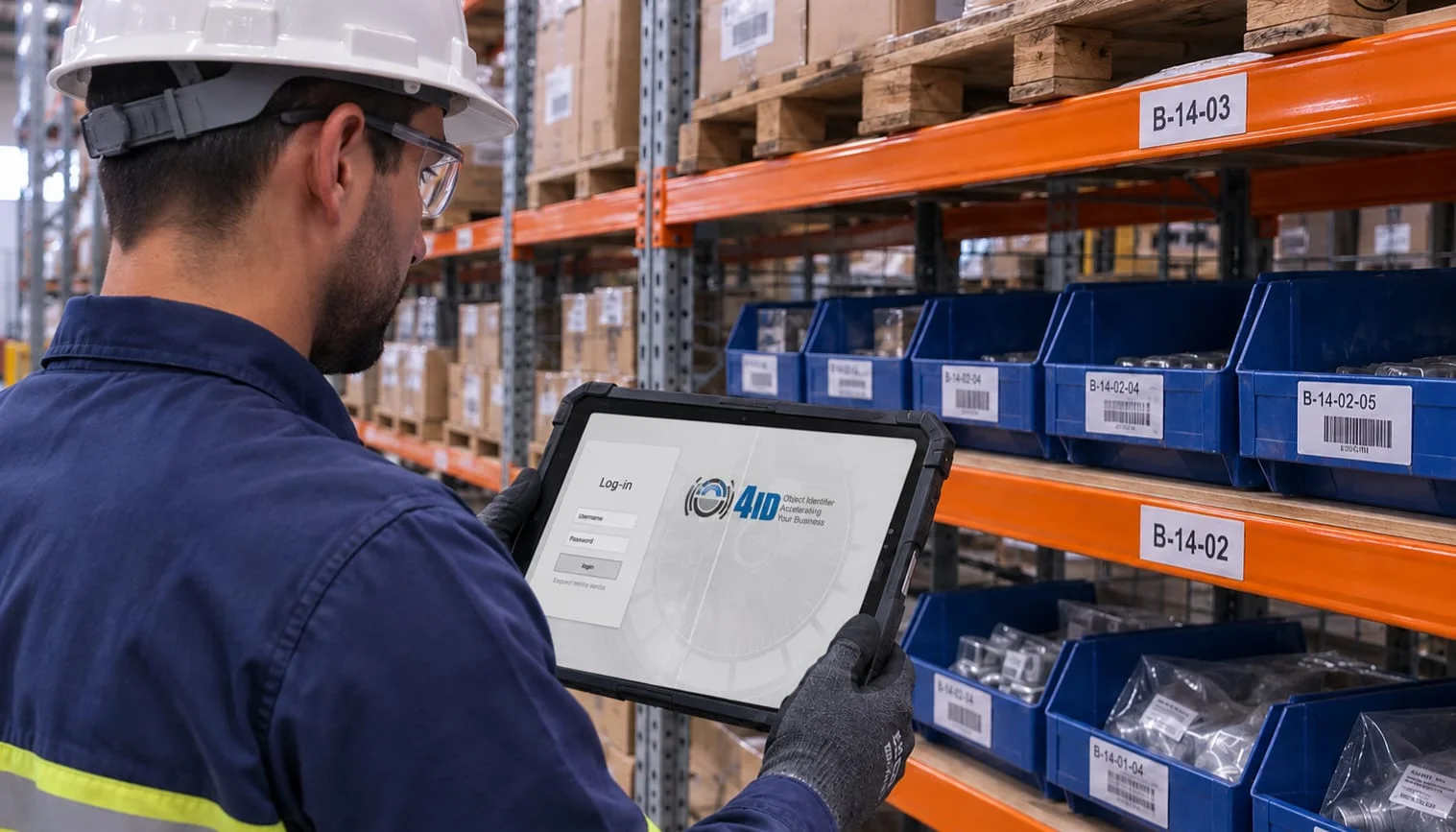 Profissional utilizando a plataforma 4ID em um tablet industrial no almoxarifado