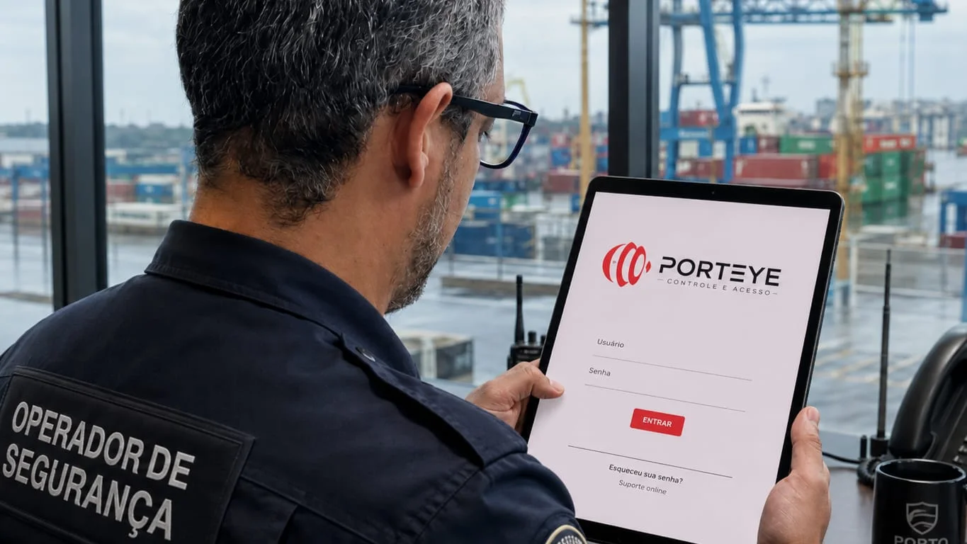 Operador de segurança utilizando o PortEye em um tablet diante de um terminal portuário