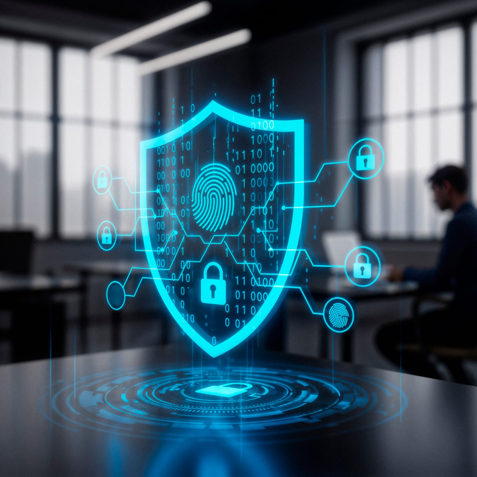 Escudo digital azul com símbolos de proteção de rede e autenticação