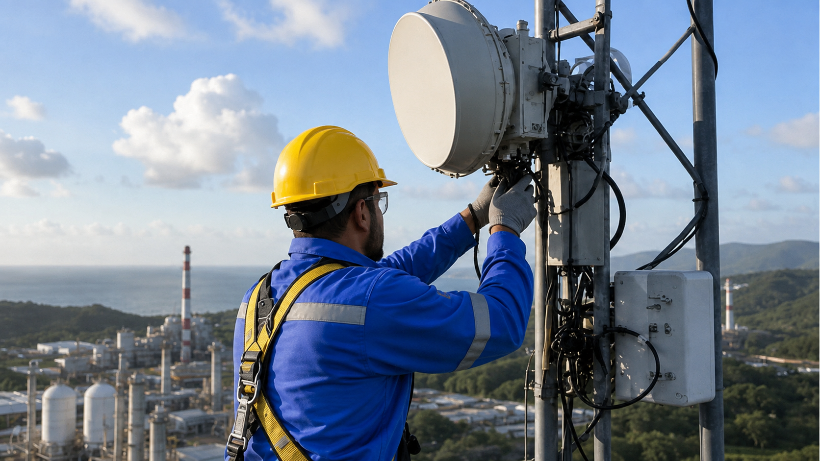 Técnico realizando manutenção em equipamento de telecomunicações instalado em uma torre