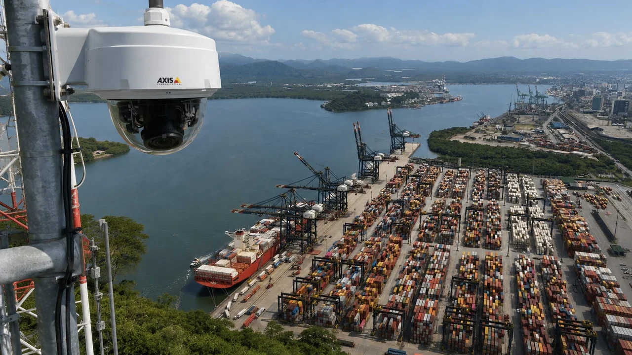 Câmera PTZ Axis monitora um terminal portuário