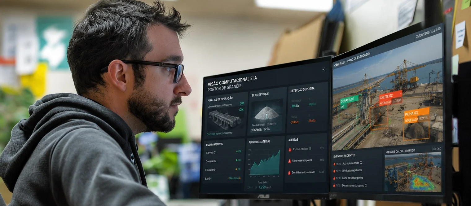 Profissional acompanhando visão computacional e automação de uma operação portuária em dois monitores