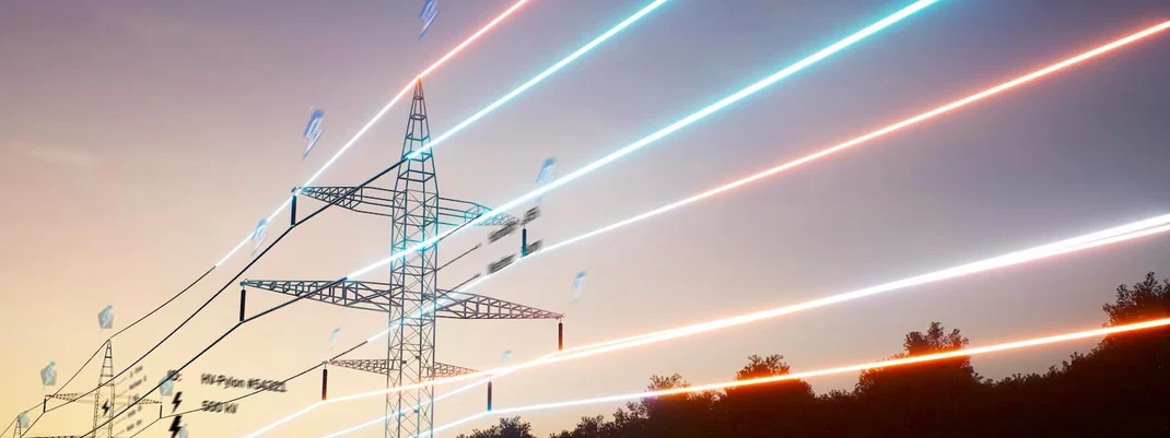 Torres de transmissão elétrica atravessadas por fluxos luminosos de energia