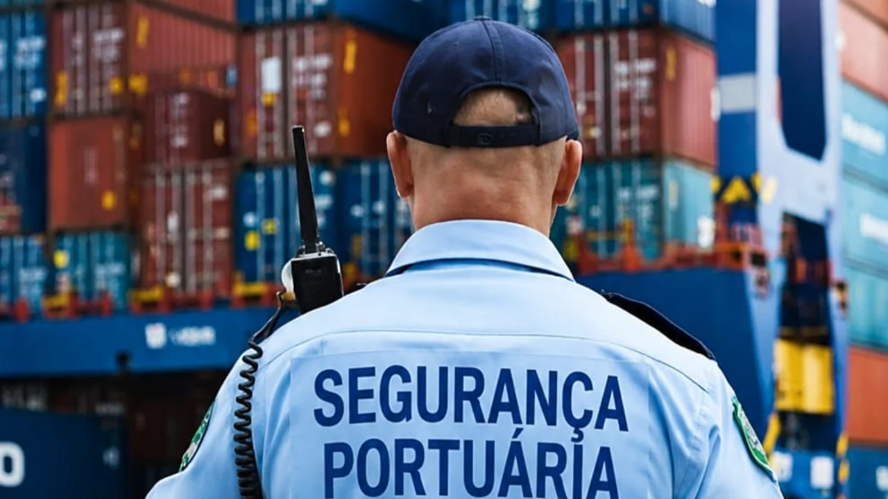 Profissional de segurança portuária monitora um terminal de contêineres